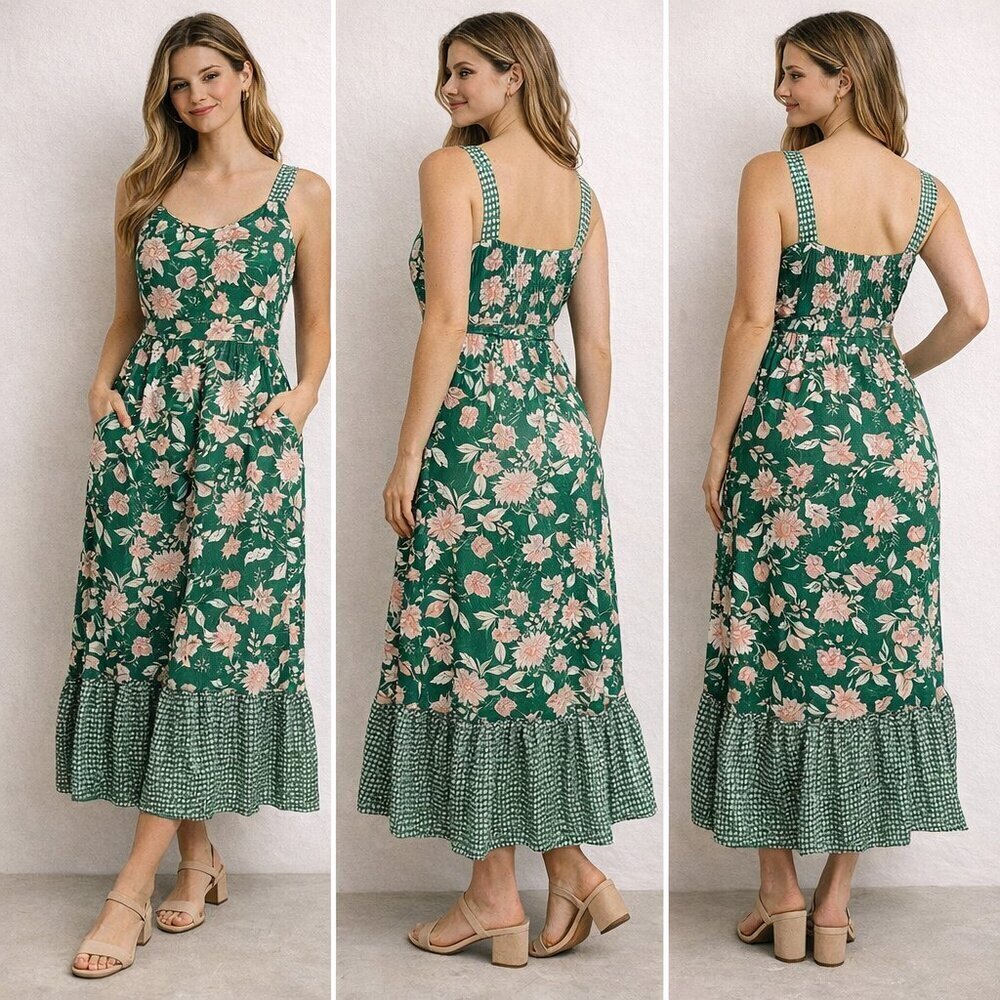 Mila Mae Green Peach Floral Sleeveless Dress Ruffle Hem Size L